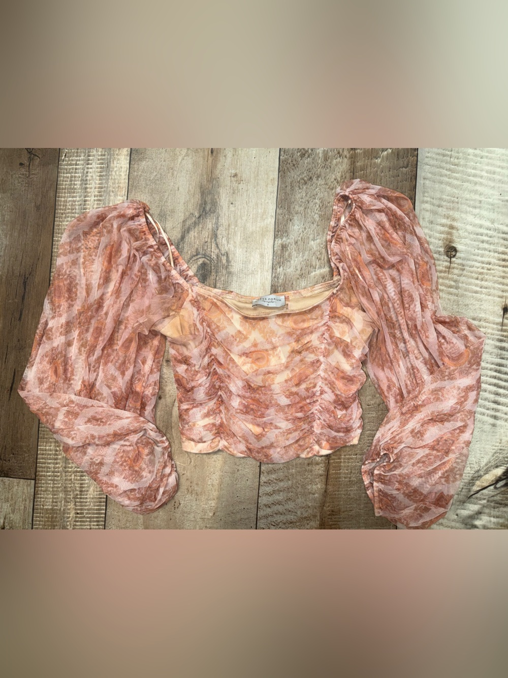 Dress Forum Peach & Blush Sheer Ruched Puff-Sleeve Top